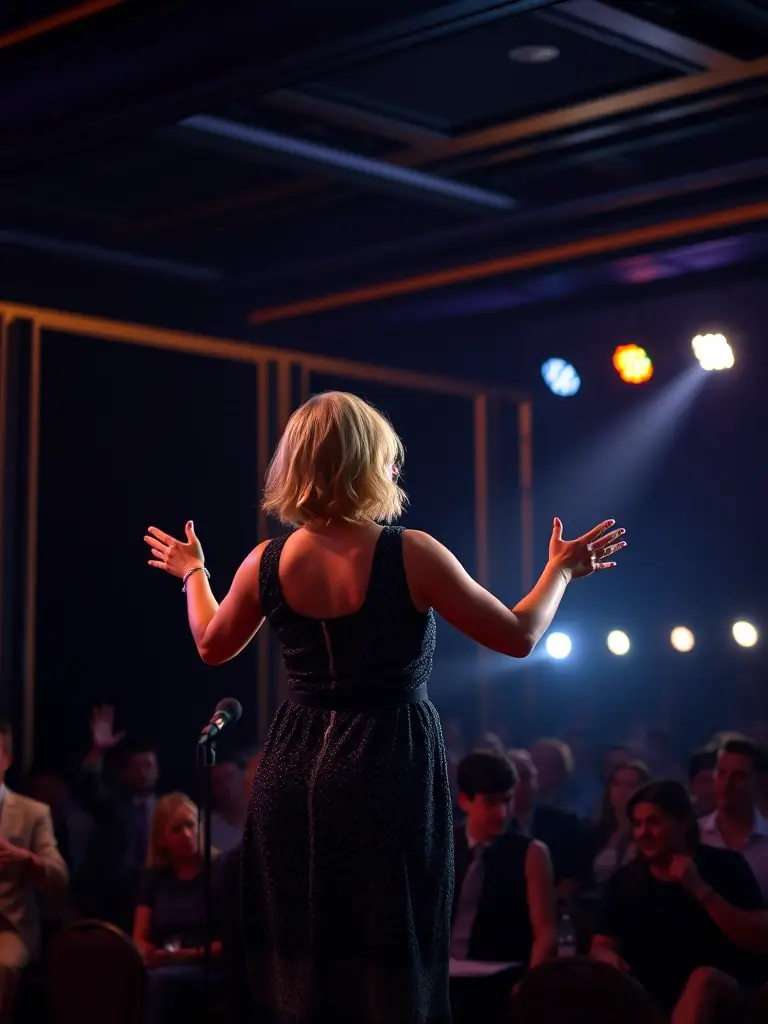 A sophisticated corporate event with Annie Vegas performing, engaging the audience with her dynamic stage presence and versatile repertoire.