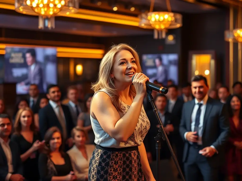 A professional photograph of Annie Vegas performing at a corporate event, with attendees networking in the background, showcasing her ability to engage a diverse audience.
