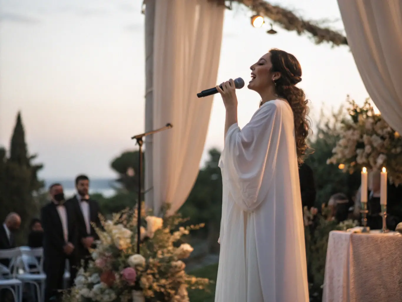 A vibrant image of Annie Vegas performing at a wedding reception, surrounded by elegantly dressed guests and soft, romantic lighting, capturing the joy and celebration of the event.