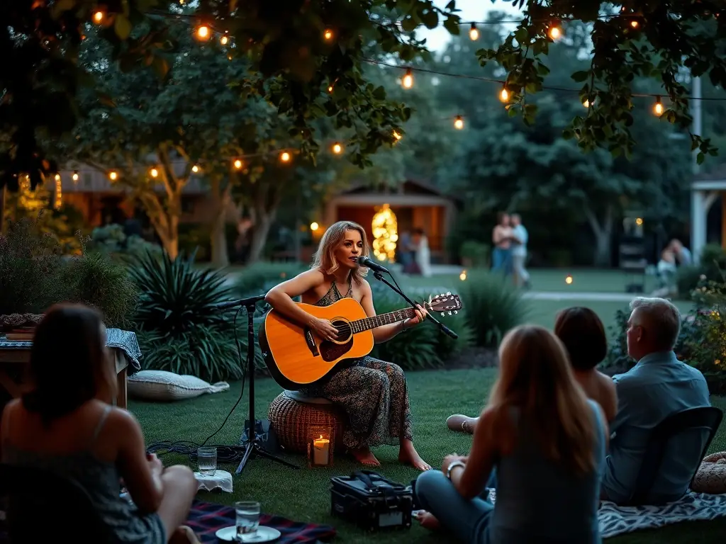 A charming garden party with guests mingling on the lawn, featuring Annie Vegas performing acoustic melodies in the background, creating a relaxed and enchanting ambiance.
