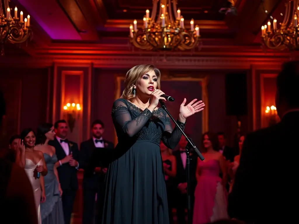 A sophisticated evening reception with soft, ambient lighting, featuring Annie Vegas performing a soulful song on stage, surrounded by elegantly dressed guests enjoying the music and atmosphere.