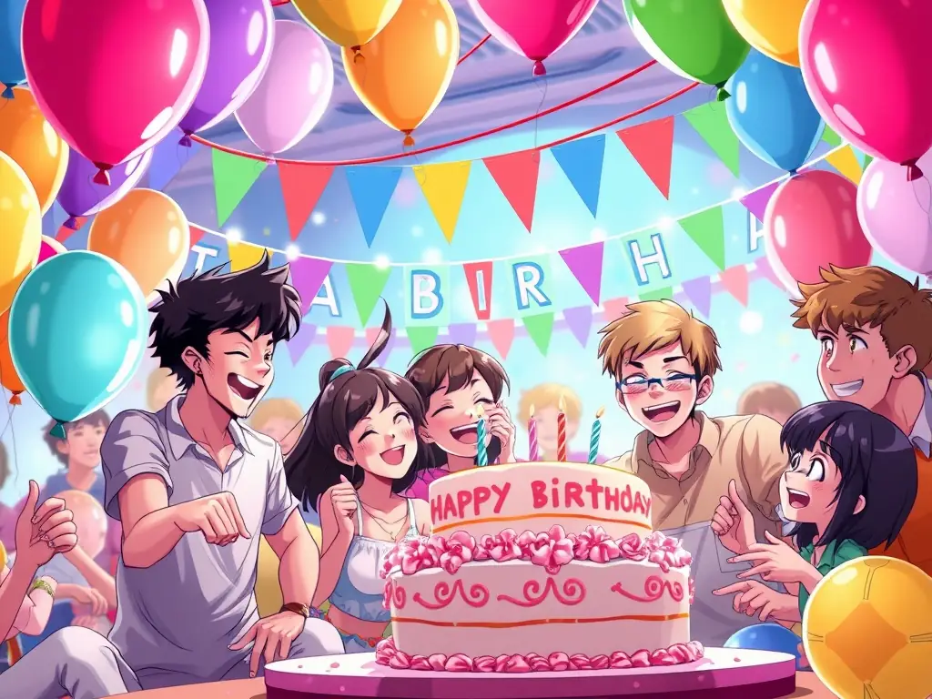 A vibrant birthday party scene with Annie Vegas performing on stage, surrounded by colorful decorations and cheering guests, capturing the fun and stylish atmosphere of a birthday celebration.