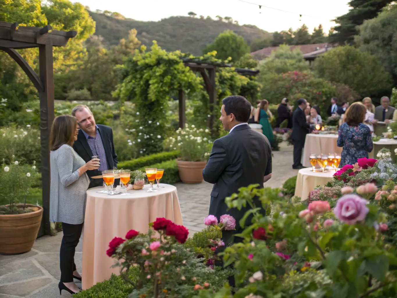 A charming garden party scene with guests enjoying drinks and canapés as Annie Vegas performs acoustic music, showcasing the relaxed and sophisticated ambiance of the event.