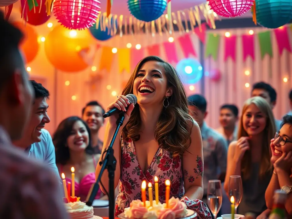 A vibrant birthday party scene with colorful decorations, featuring Annie Vegas engaging with guests and singing upbeat pop songs, creating a fun and energetic atmosphere for all ages.