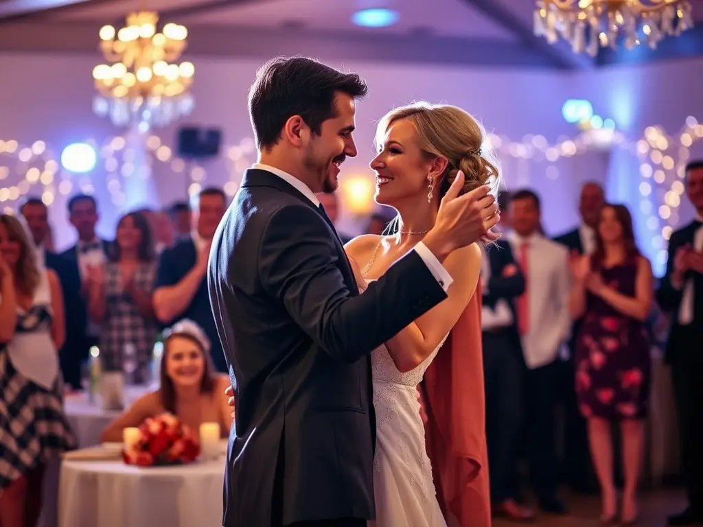 An elegant anniversary party setting with a couple dancing as Annie Vegas sings a romantic song, highlighting the romantic and celebratory atmosphere of the event.