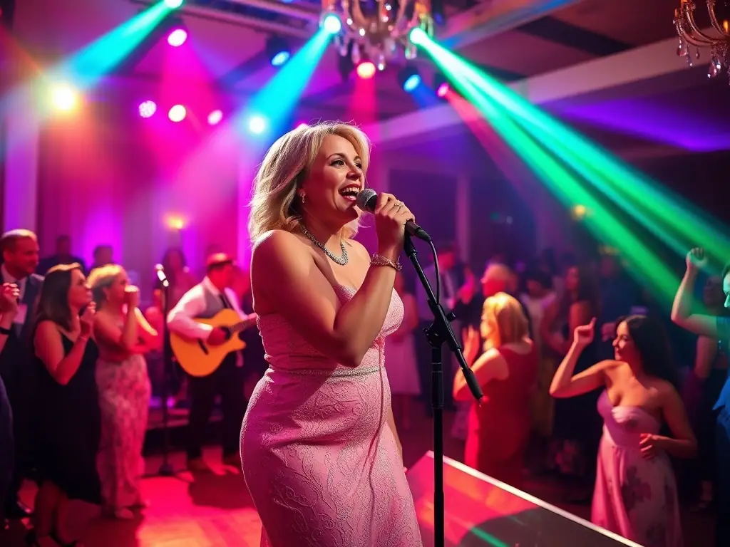 Annie Vegas performing live with her full band at a wedding reception, the dance floor packed with guests, dynamic lighting and stage presence creating an energetic and celebratory atmosphere.
