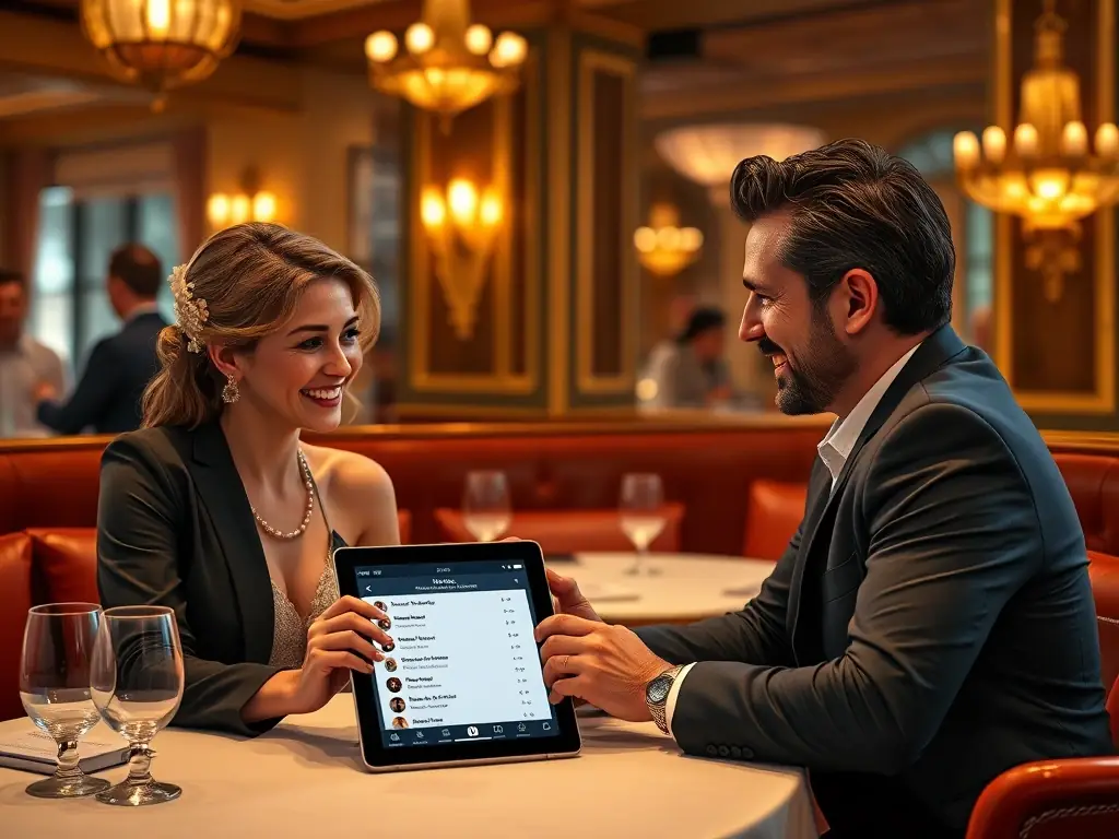 A beautifully staged photograph showcasing Annie Vegas consulting with a happy couple, reviewing their personalized wedding playlist on a tablet, with smiles and excitement evident on their faces.