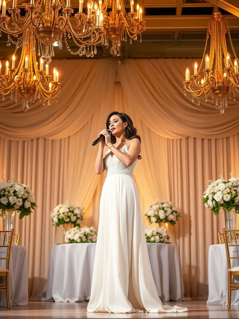 Annie Vegas performing an upbeat, celebratory song with her band after the ceremony, guests clapping and dancing, capturing the joy of the occasion.