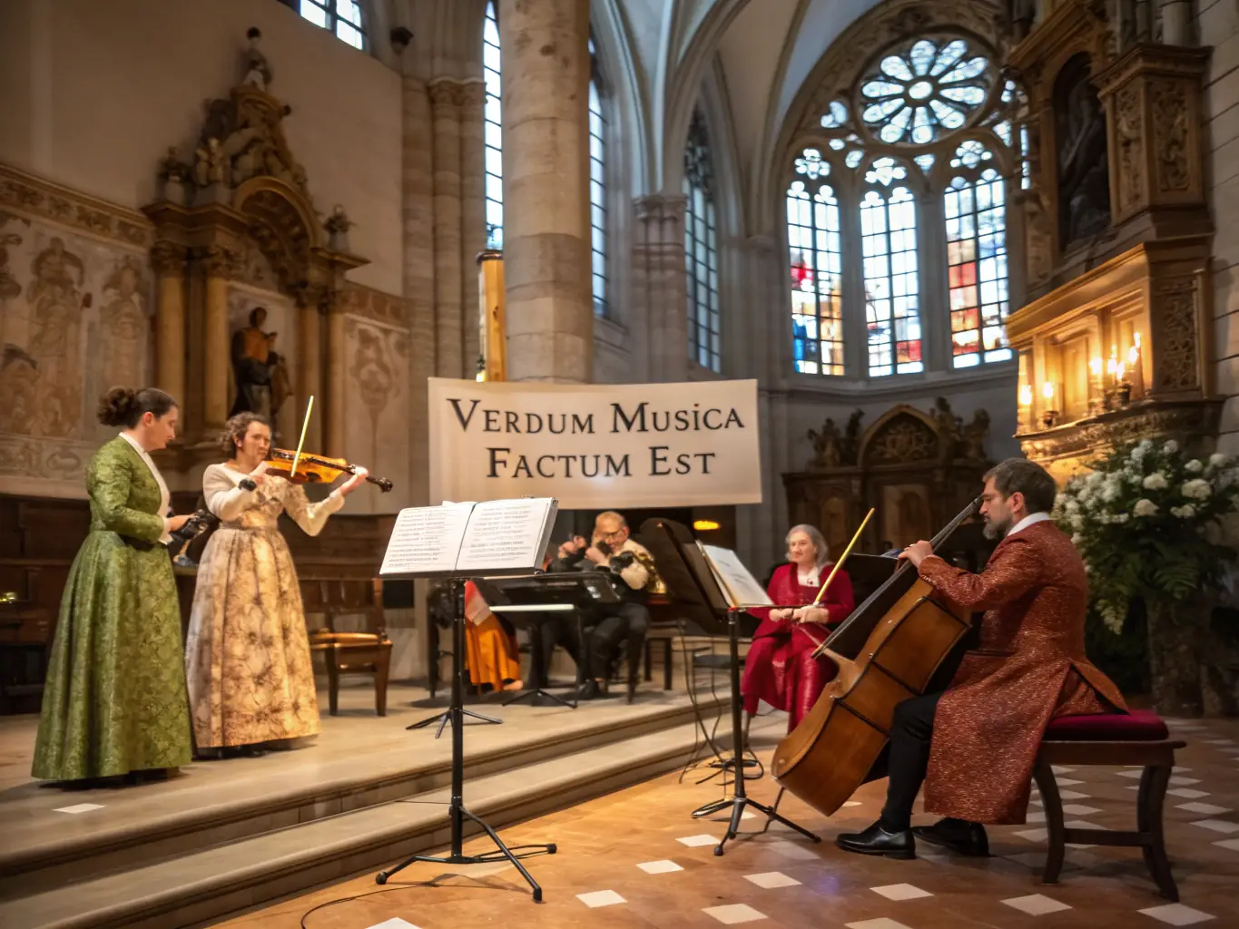 A string quartet performing during a wedding ceremony in a beautifully decorated church, sunlight streaming through stained glass windows, creating a serene and romantic atmosphere.