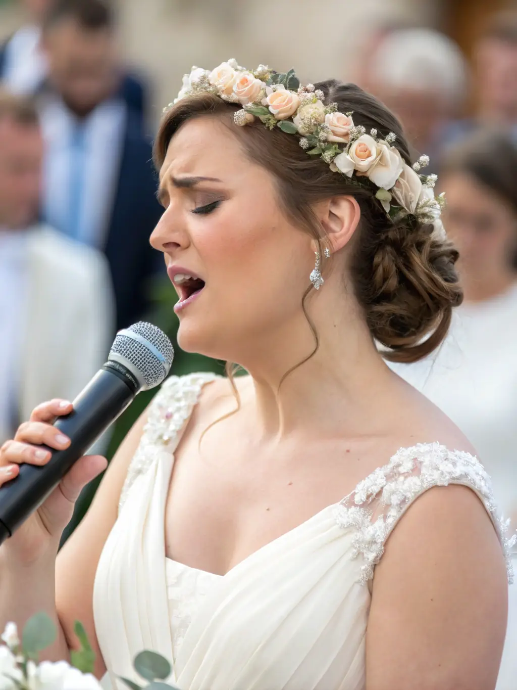 Annie Vegas singing soulfully as the bride and groom exchange vows, bathed in soft, romantic lighting, capturing the intimacy of the moment.