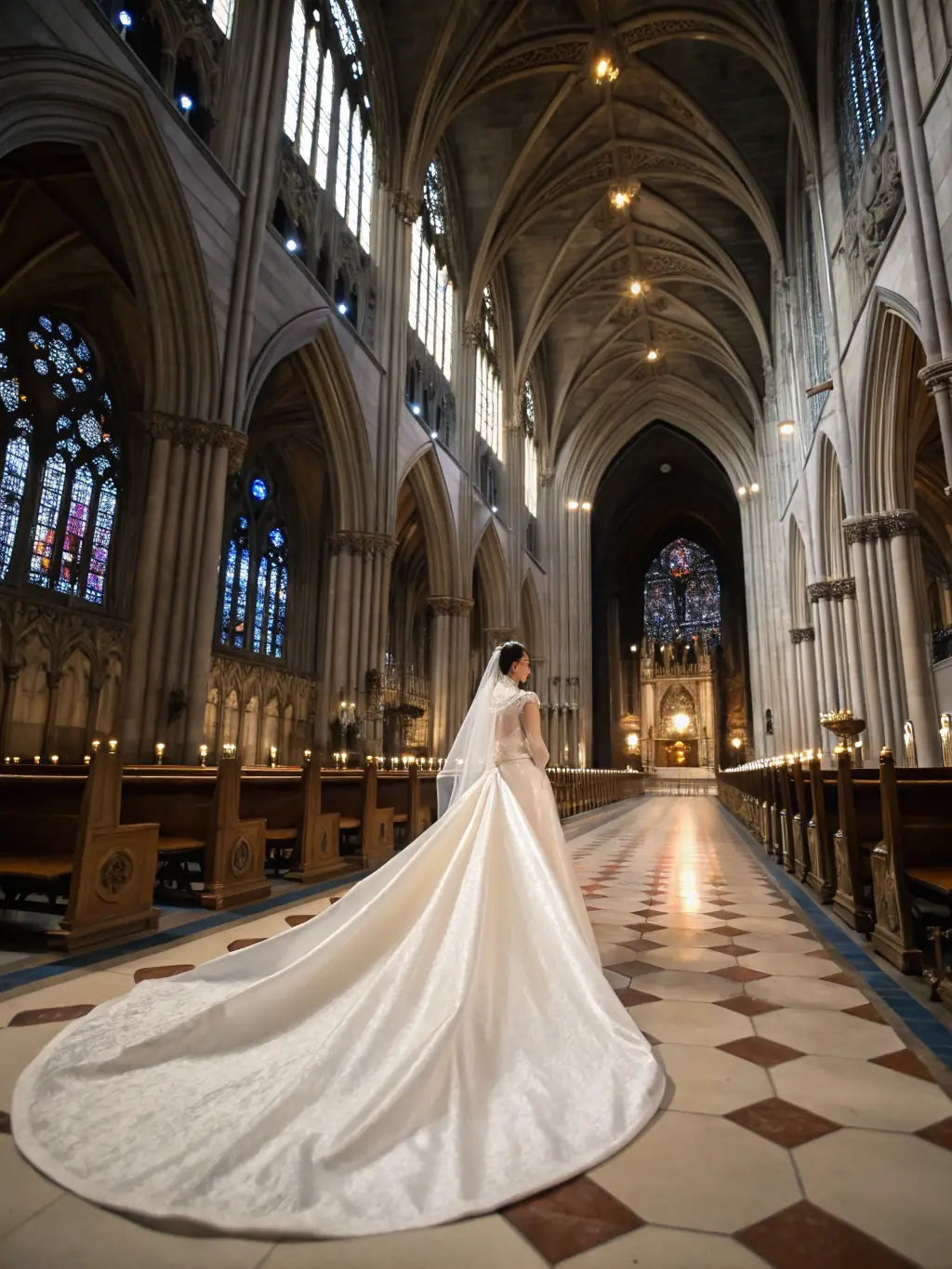 A bride walking down the aisle in a softly lit church, Annie Vegas visible in the background singing with a gentle smile, creating a serene and emotional atmosphere.
